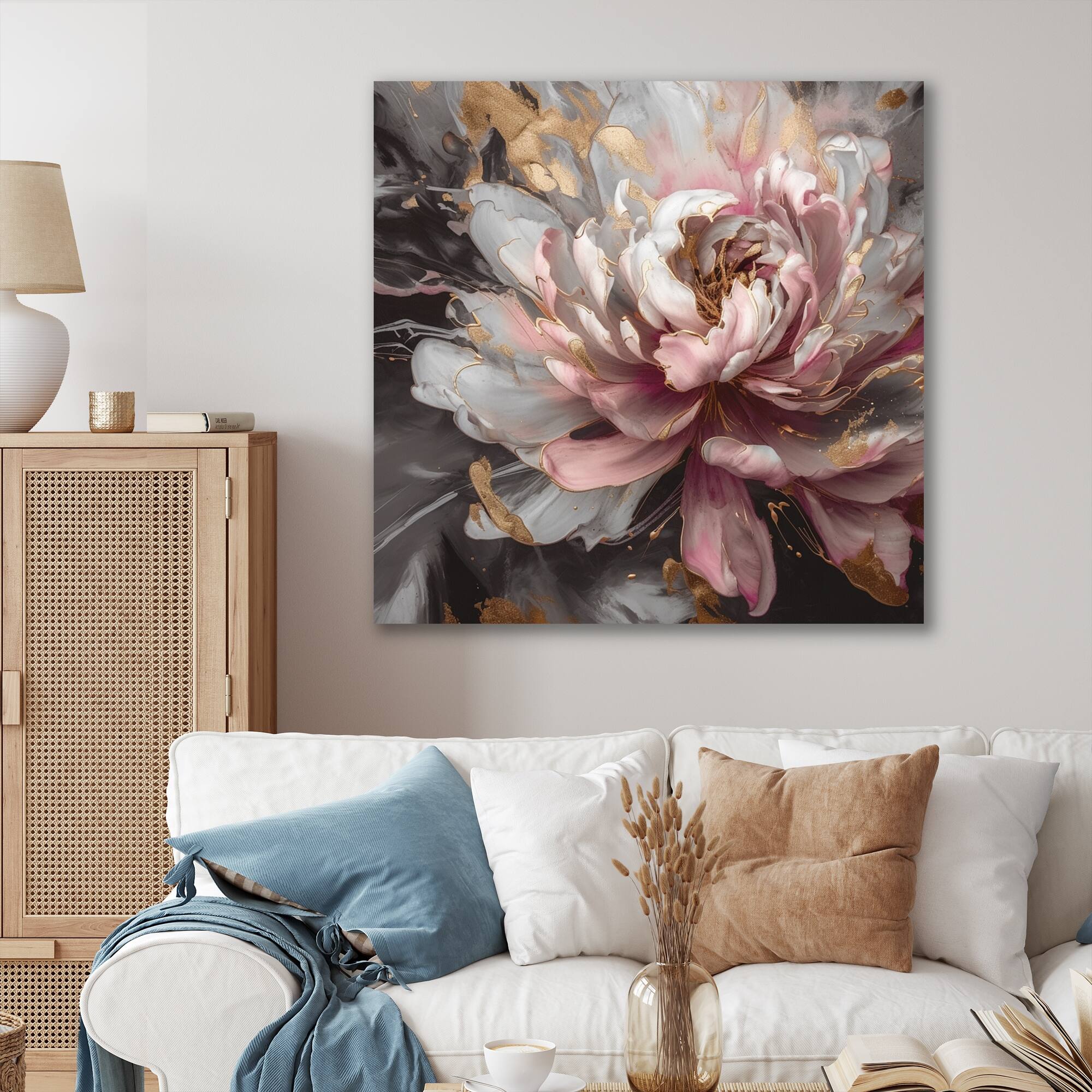 Designart "White Pink Peonies Blooming" Floral Peony Wall Decor On
